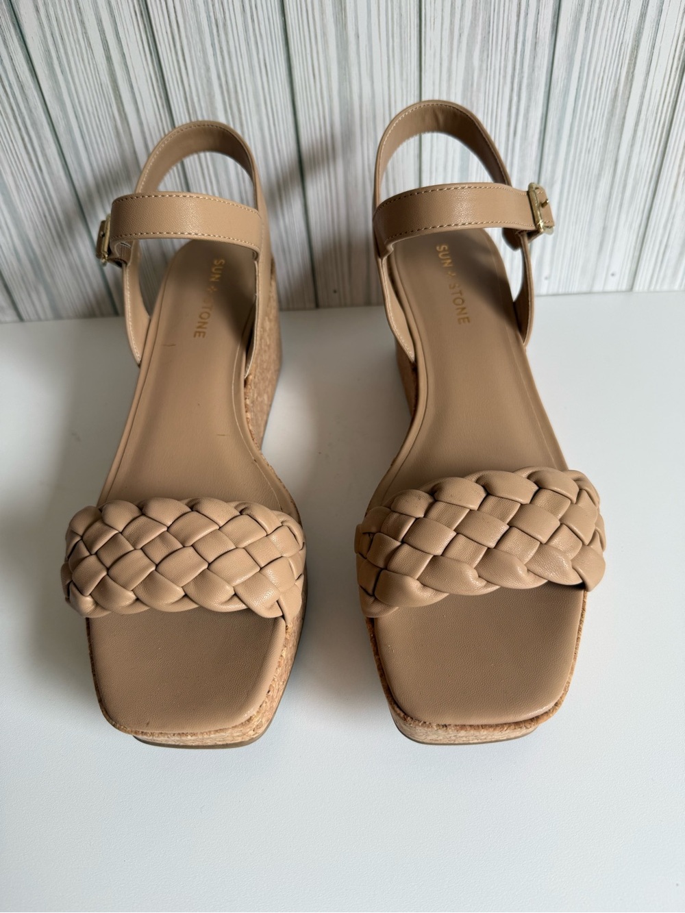Sun + Stone Women's TAN Allvina Wedge Square Toe Ankle Strap Sandals SZ 11M NWB